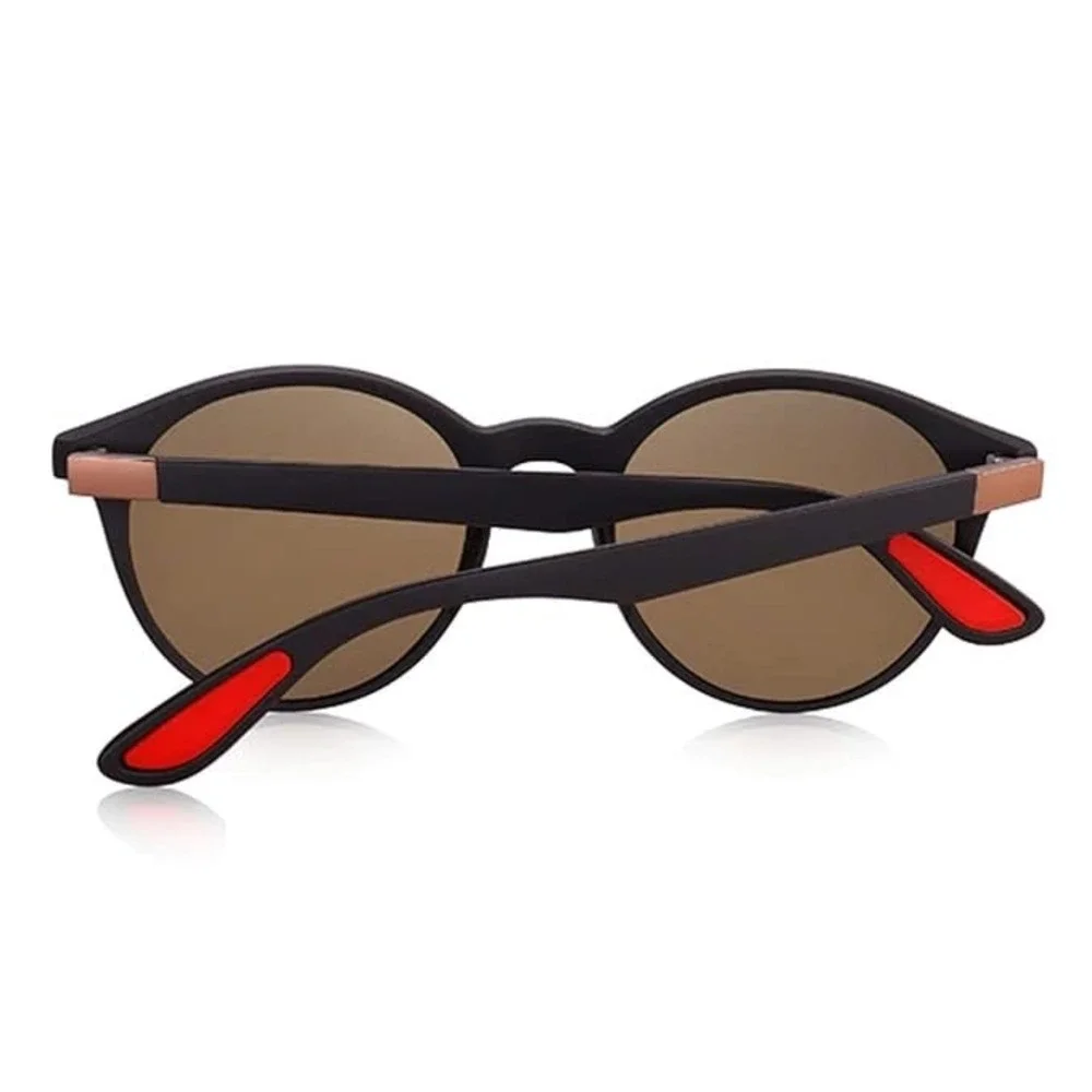Mens Polarized Sunglasses Round Matte Black Frame Brown Lens Red Accent Fancy‎